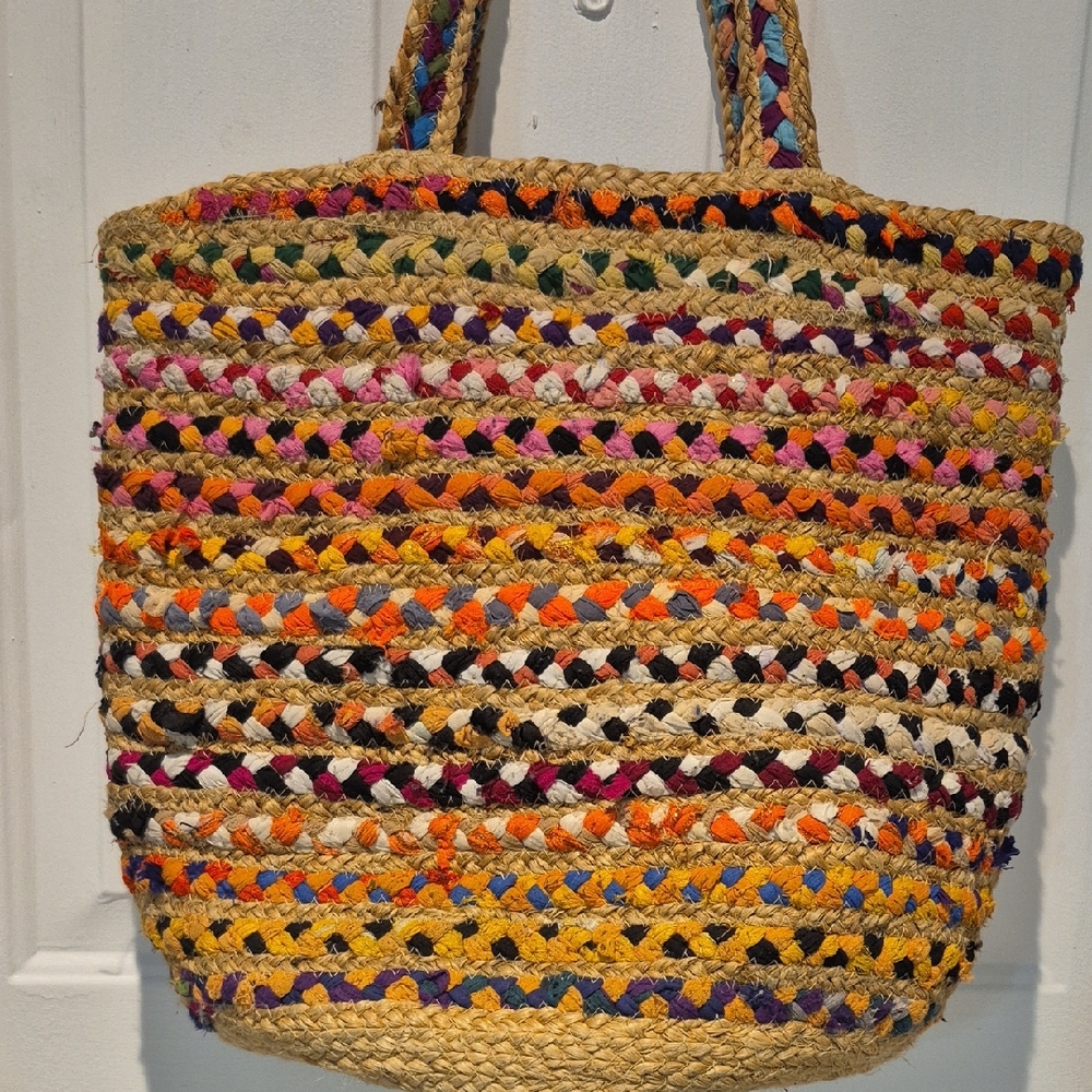 Large Beautiful Multicolor Jute & Cotton Woven Tote Bag Made In India